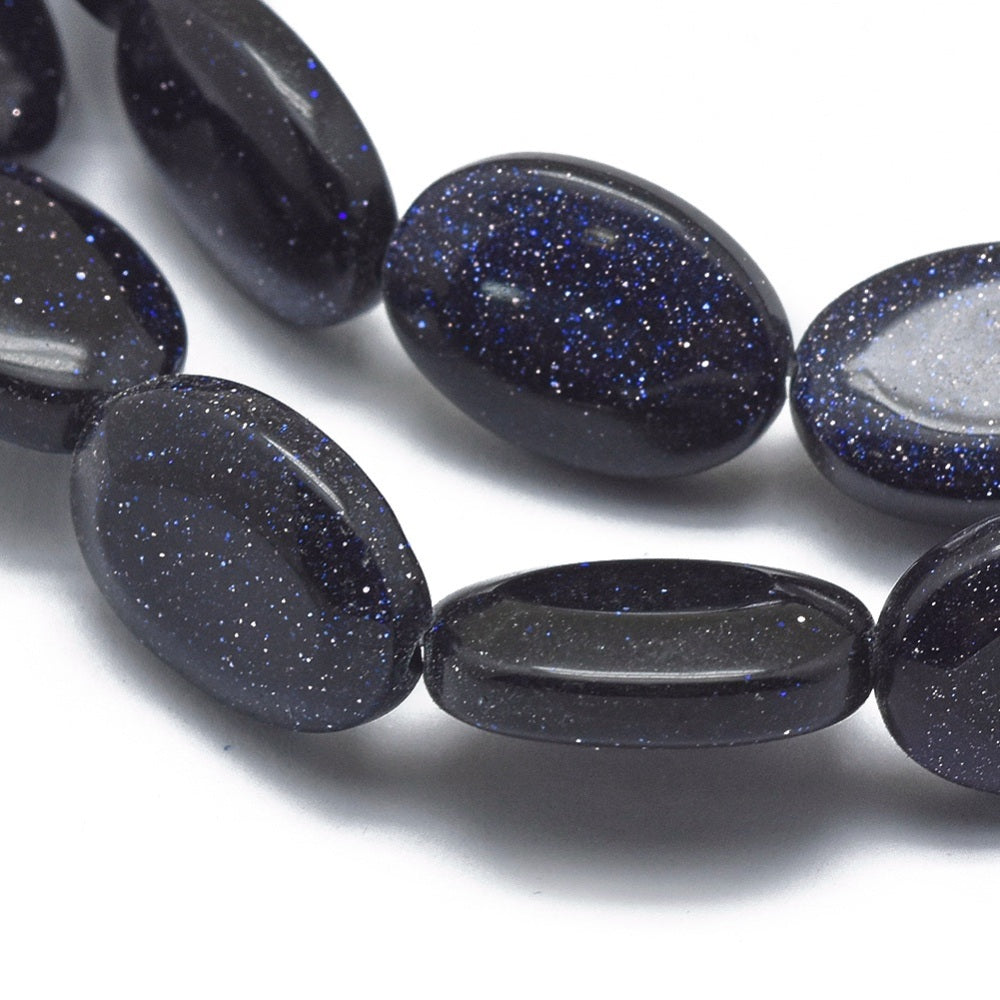 Blue Goldstone Beads Strands, Oval, Size: about 10mm wide, 14mm long, 4.5mm thick