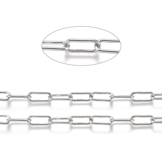 Tarnish Resistant 304 Stainless Steel Paperclip Chains, Drawn Elongated Cable Chains, with Spool, Unwelded, Stainless Steel Color SOLD BY THE METER
