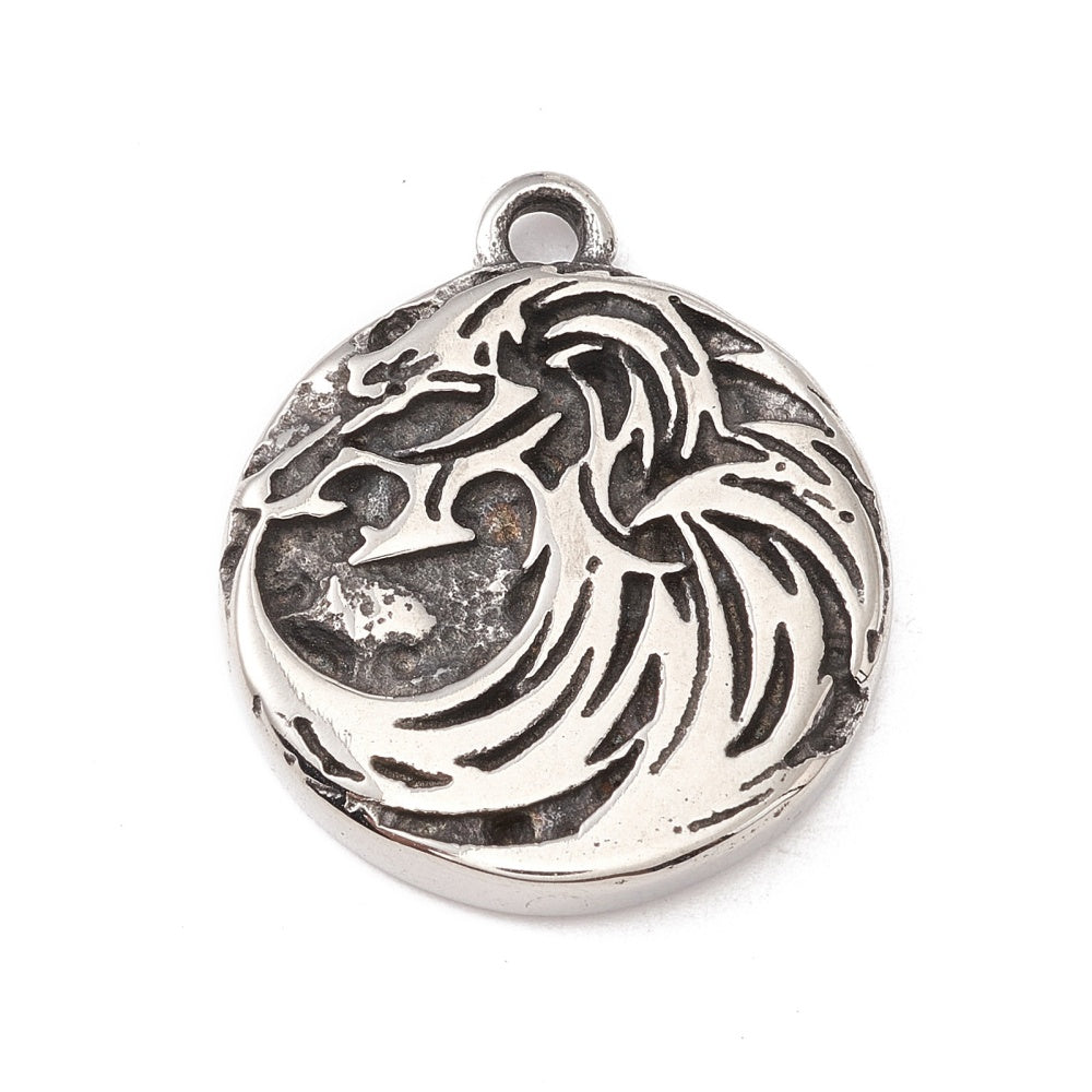 304 Stainless Steel Pendant, Flat Round, Antique Silver