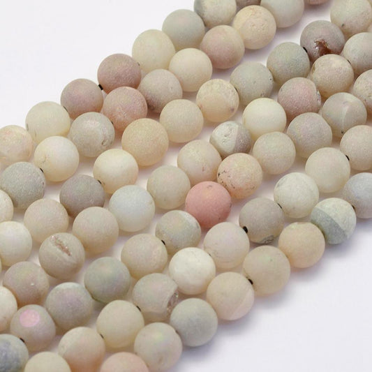 Electroplate Natural Druzy Agate Beads Strands, Round, Frosted, Rainbow Plated 8mm