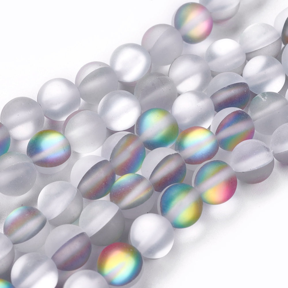 Mermaid Glass; Holographic Beads, Frosted, Round, Grey 8mm