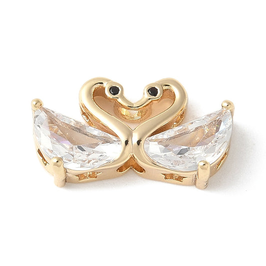 Brass Micro Pave Cubic Zirconia Beads, Double Swan, 925 Sterling Silver Plated and 18K Gold Plated