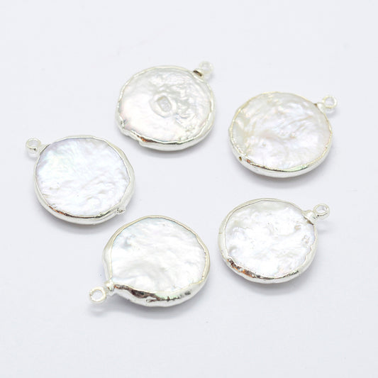 Natural Cultured Freshwater Pearl Pendants, with Brass Findings, Flat Round, Gold & Silver