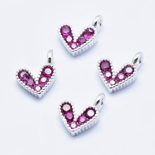 Brass Micro Pave Cubic Zirconia Charms, Long-Lasting Plated,  Heart, Hot Pink, Real Platinum Plated