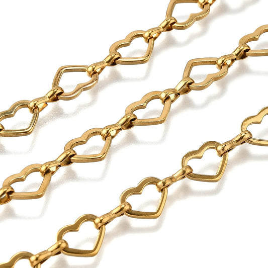 Ion Plating(IP) 304 Stainless Steel Heart Link Chains, Unwelded, Real 18K Gold Plated Sold by the Meter
