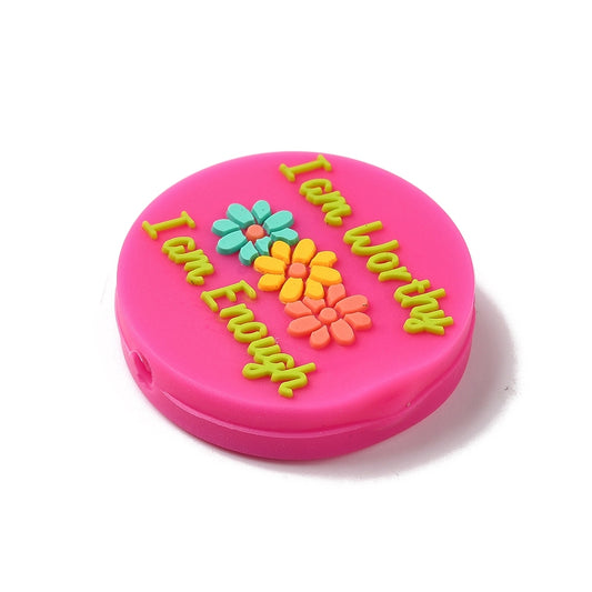 I am Worthy, I am Enough Text with Colorful Flowers Round Silicone Focal Beads, Flower