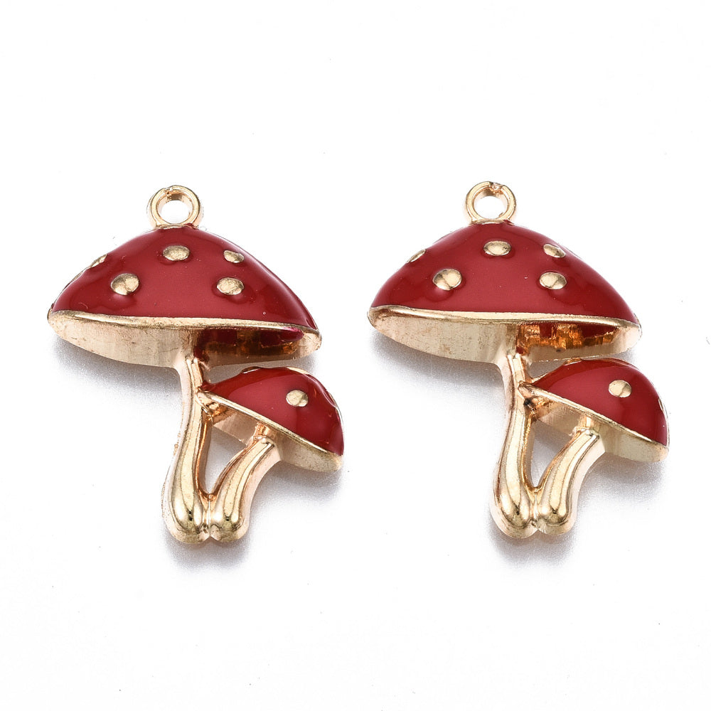 Eco-Friendly Alloy Enamel Pendants, Cadmium Free & Lead Free & Nickel Free, Mushroom, Light Gold, Red, 2 pack