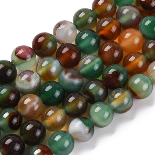 Natural Striped Agate/Banded Agate Beads Strands, Dyed, Round, Dark Green 6mm