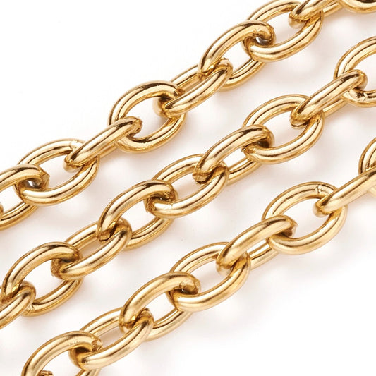 Ion Plating(IP) 304 Stainless Steel Cable Chains, Unwelded, with Spool, Real 18K Gold Plated Sold by the Meter