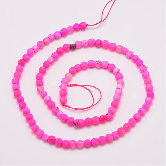 Natural Fire Crackle Agate Beads Strands, Dyed, Faceted, Round, Hot Pink Size: about 4mm