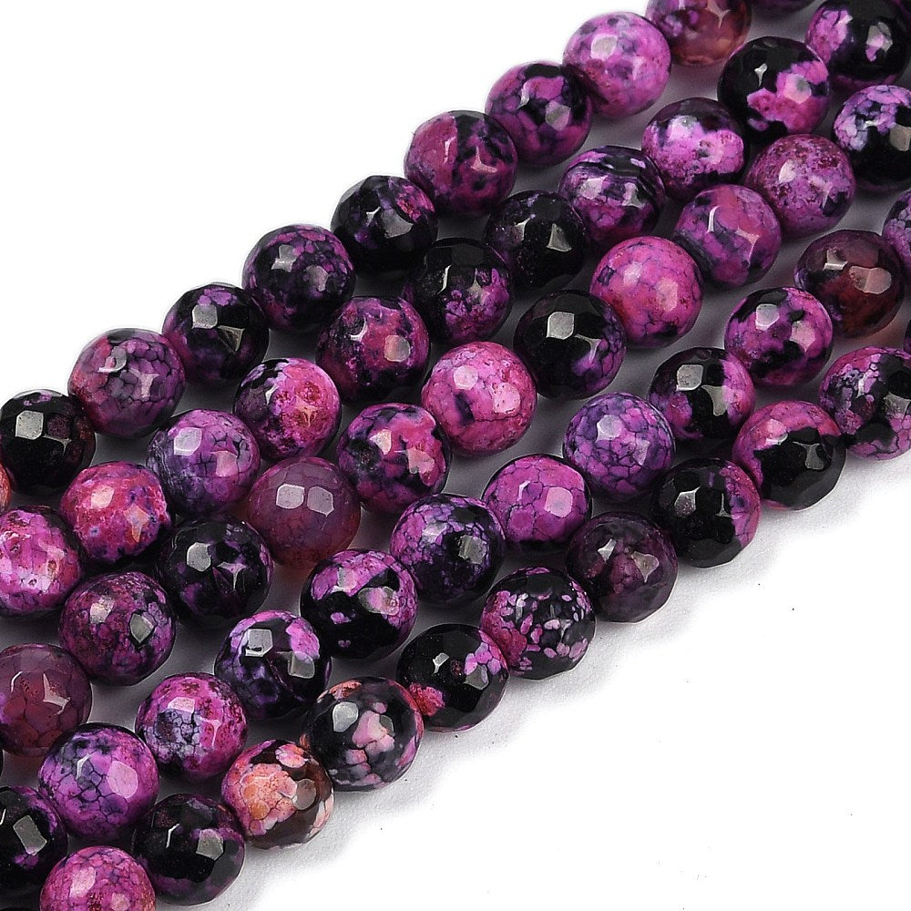 Natural Fire Crackle Agate Beads Strands, Dyed; Heated, Round, Faceted, Pink 6mm