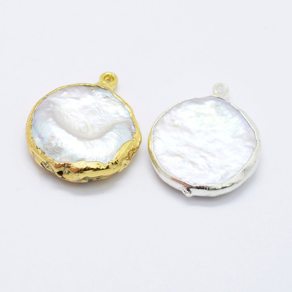 Natural Cultured Freshwater Pearl Pendants, with Brass Findings, Flat Round, Gold & Silver