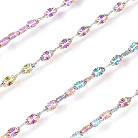 Ion Plating(IP) 304 Stainless Steel Textured Dapped Chains, Cable Chains, Soldered, Flat Oval, Rainbow Color SOLD BY THE METER