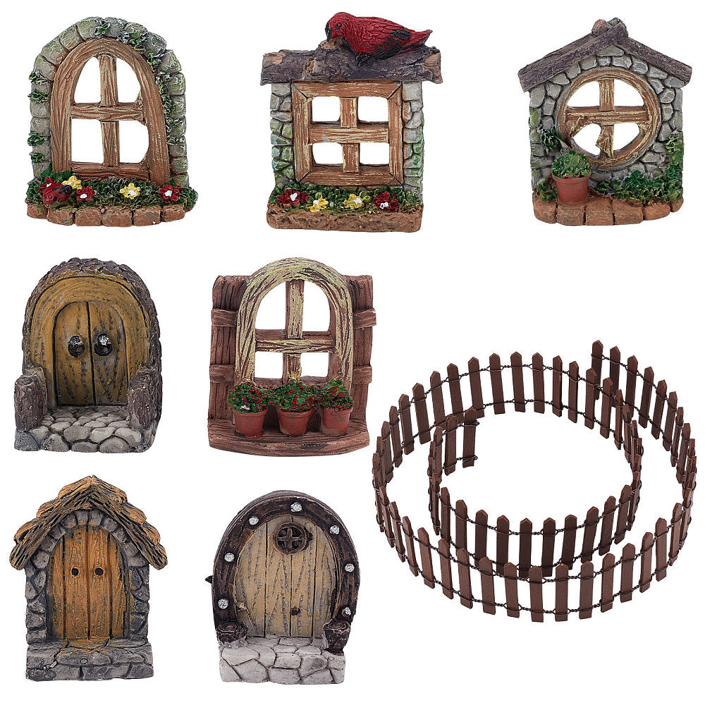 Gorgecraft Resin Dollhouse Building Accessories, including Imitation Wood Door, Window ; Garden Fence, for Micro Landscape Decoration, Mixed Color