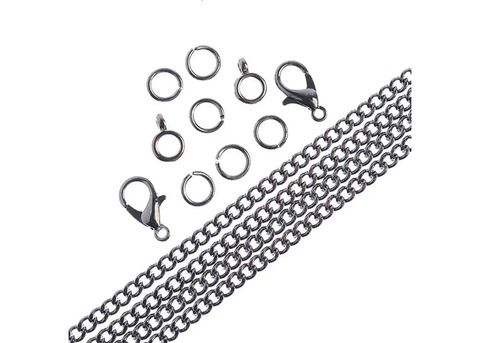 36in Chain and Findings Set- 3mm Curb Chain Includes Clasp/ Jump Rings/ Bails in Gunmetal