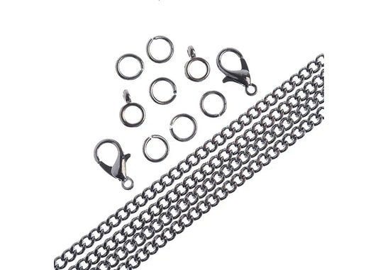 36in Chain and Findings Set- 3mm Curb Chain Includes Clasp/ Jump Rings/ Bails in Gunmetal