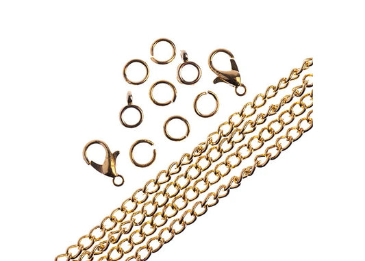 36in Chain and Findings Set- 3x4mm Curb Chain Includes Clasp/ Jump Rings/ Bails in Gold