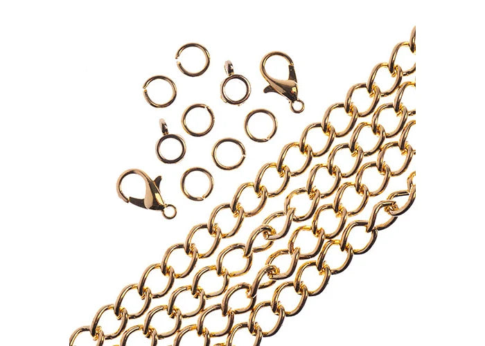 36in Chain and Findings Set- 5mm Curb Chain Includes Clasp/ Jump Rings/ Bails in Gold