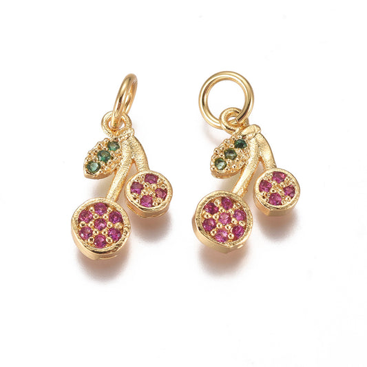 Brass Micro Pave Cubic Zirconia Charms, with Jump Rings, Cherry, Magenta &amp; Green, Platinum; Golden