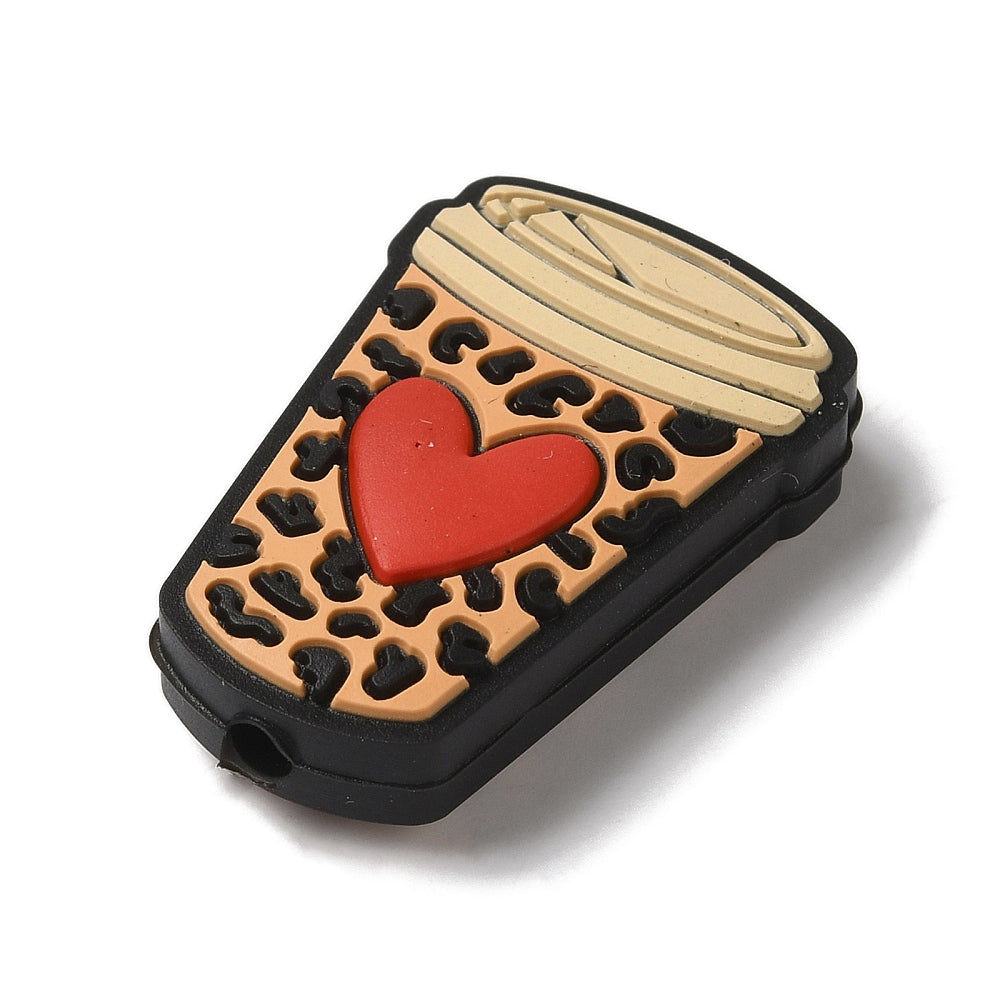 Heart Cow Printed Coffee Cup Mug Silicone Focal Beads, Sandy Brown