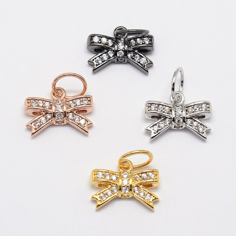 CZ Brass Micro Pave Cubic Zirconia Bowknot Bow Charms, Mixed Color