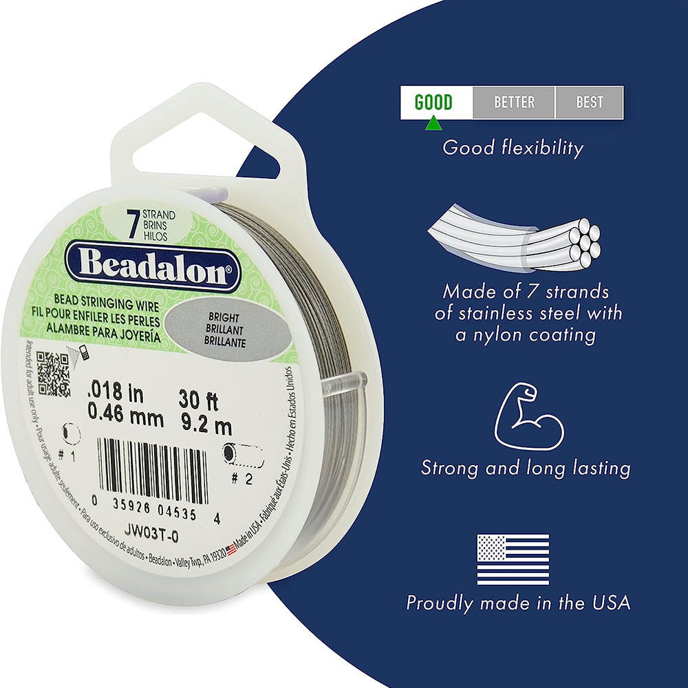 Beadalon 7 Strand Stainless Steel Bead Stringing Wire .012in (0.30mm) Bright 30ft (9.2m) | The Pink Bead Shop Canada