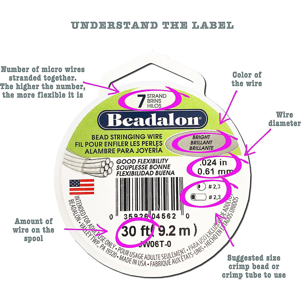 Beadalon 7 Strand Stainless Steel Bead Stringing Wire .012in (0.30mm) Bright 30ft (9.2m) | The Pink Bead Shop Canada