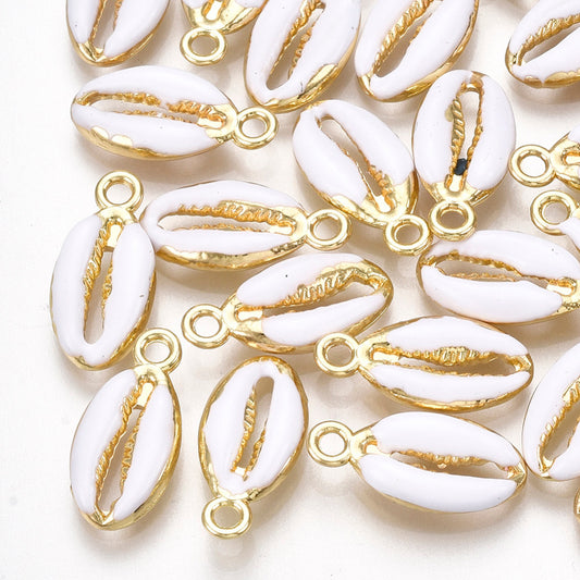 Cowrie Alloy Enamel Pendants Light gold/white 5Pk