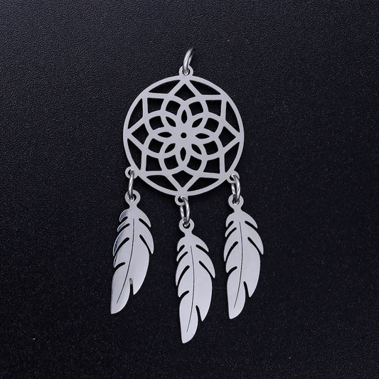 201 Stainless Steel Pendants, with Jump Rings, Woven Net/Web with Feather, Stainless Steel