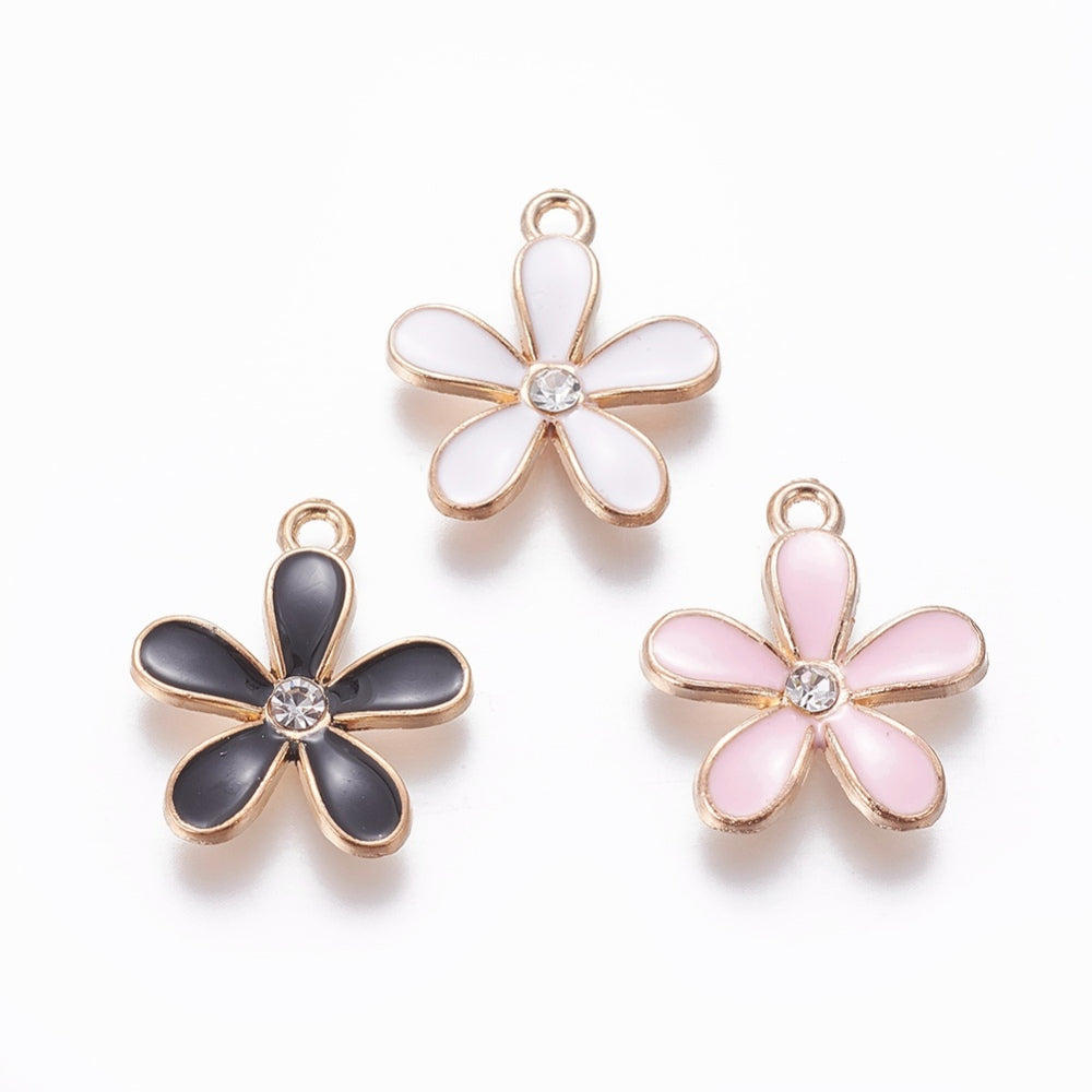 Alloy Enamel Pendants, with Rhinestone, Flower, Light Gold, Mixed Color