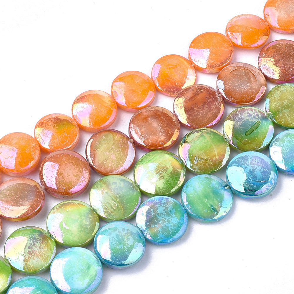 Freshwater Shell Beads – AB Color Plated Dyed Flat Round Mixed Colors 1011.5x34mm (34pcs/Strand) The Pink Bead Shop