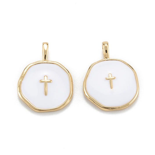 Brass Enamel Pendants, Long-Lasting Plated, Flat Round with Cross, White, Real 18K Gold Plated