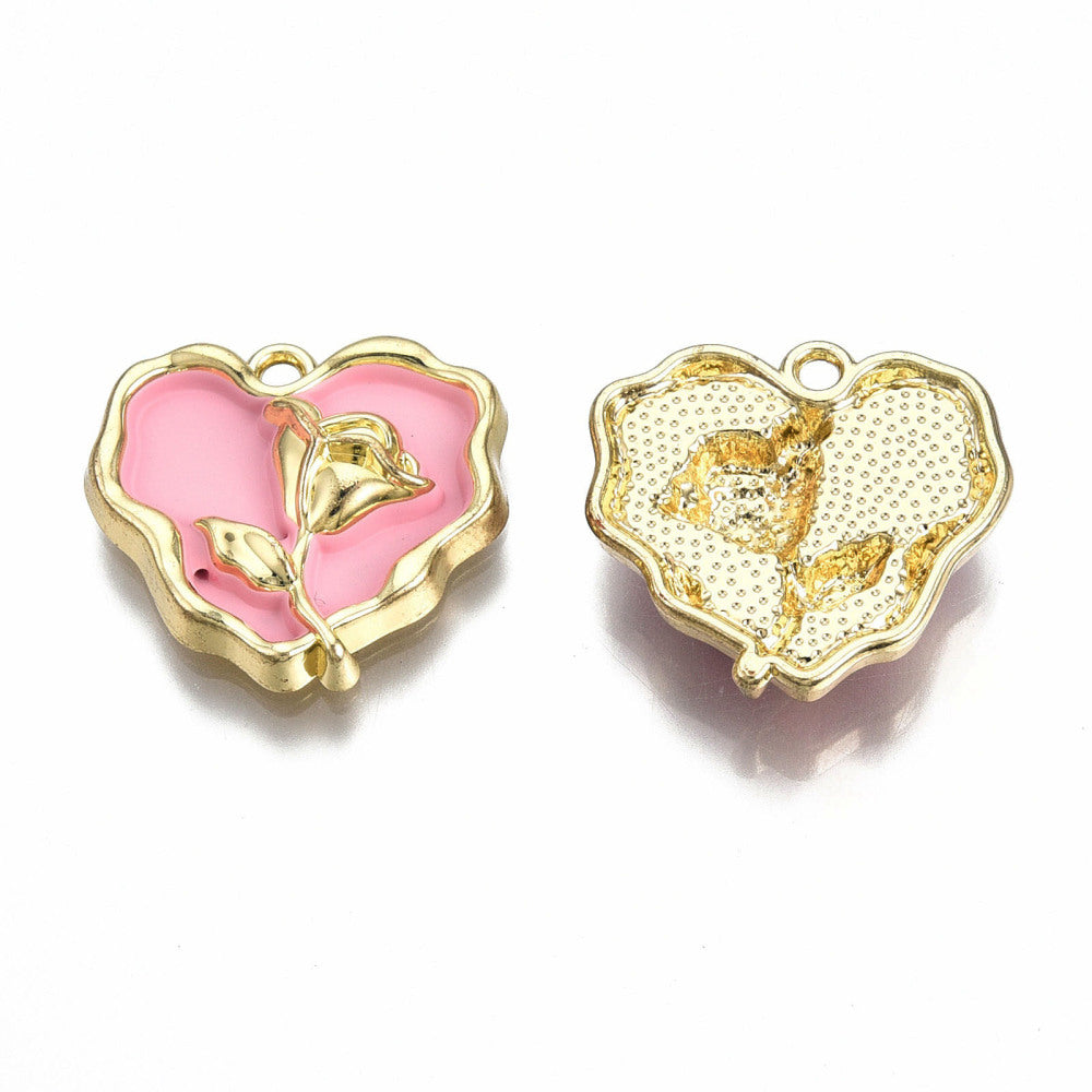 Alloy Enamel Pendants, Cadmium Free &; Lead Free, Light Gold, Heart with Rose, Mixed Color 5 Pack