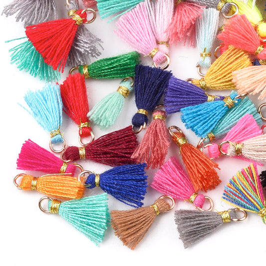 Tassel Pendant Charms, Mini Tassel, with Iron Findings and Metallic Cord, Light Gold, Mixed Color 5pk