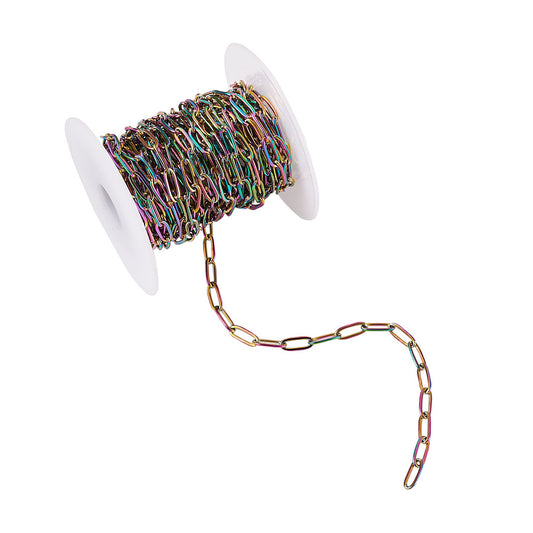 PVD Vacuum Plating 304 Stainless Steel Cable Chains, Paperclip Chains, Drawn Elongated Cable Chains, Soldered, with Spool, Rainbow Color Sold By the Meter