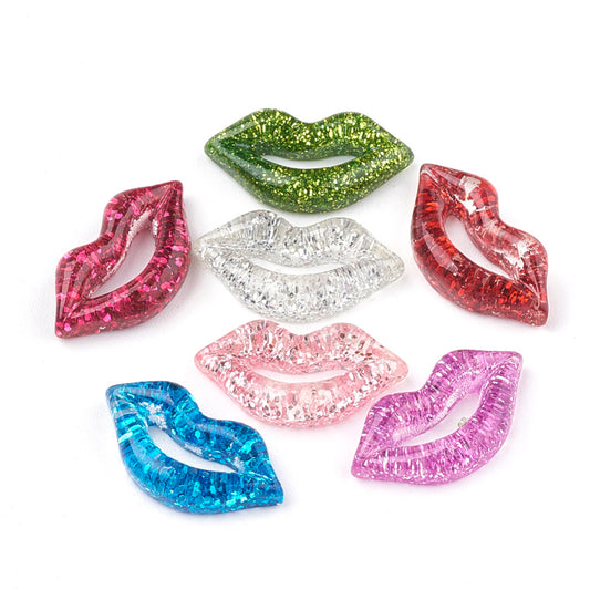 Resin Cabochons, with Glitter Powder, Lip, Mixed Color Bulk 10 Pack