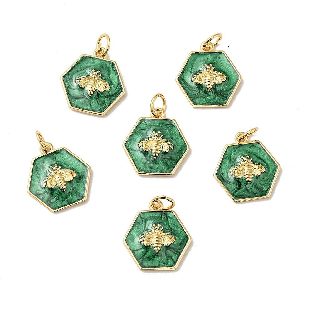 Rack Plating Brass Enamel Pendants, with Jump Ring, Cadmium Free; Nickel Free; Lead Free, Real 18K Gold Plated, Hexagon with Bee, Sea Green