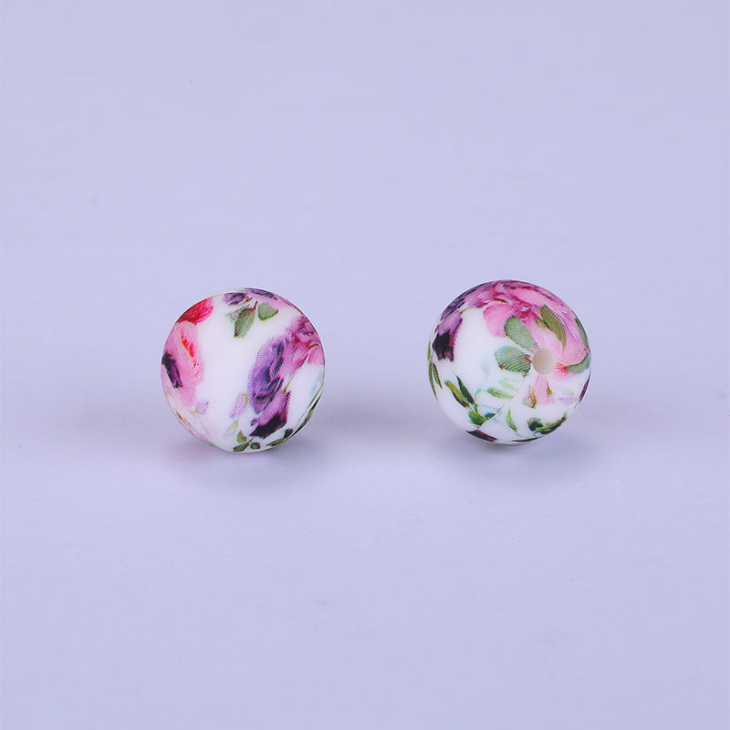 Printed Round with Flower Pattern Silicone Focal Beads, Pink