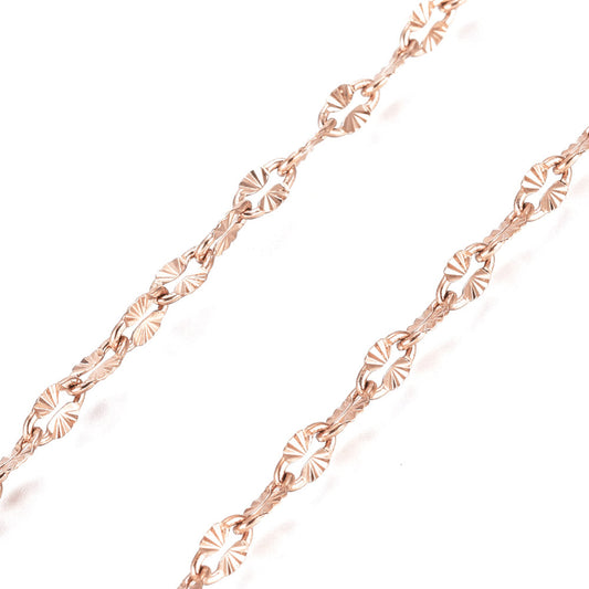 Ion Plating(IP) 304 Stainless Steel Textured Dapped Chains, Cable Chains, Soldered, Flat Oval, Rose Gold SOLD BY THE METER