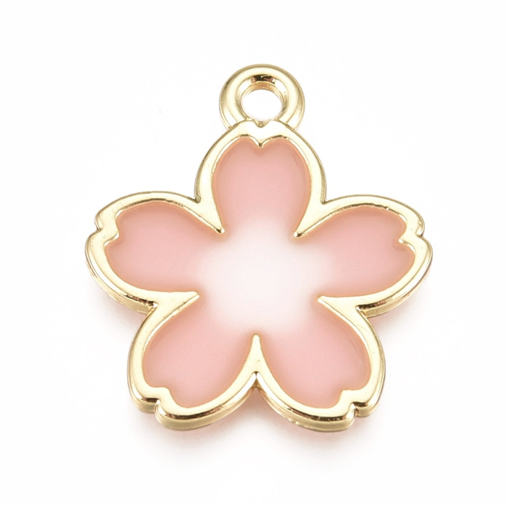 Alloy Pendants, with Enamel, Mount Fuji Sakura, Golden, Light Coral