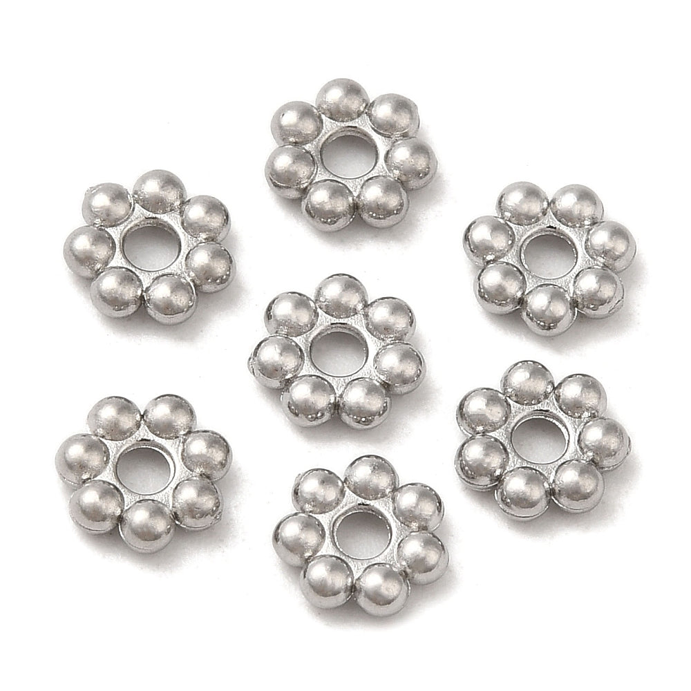 Non-Tarnish 304 Stainless Steel Spacer Beads, Flower, Granulated Beads, Stainless Steel Color 10 Pack