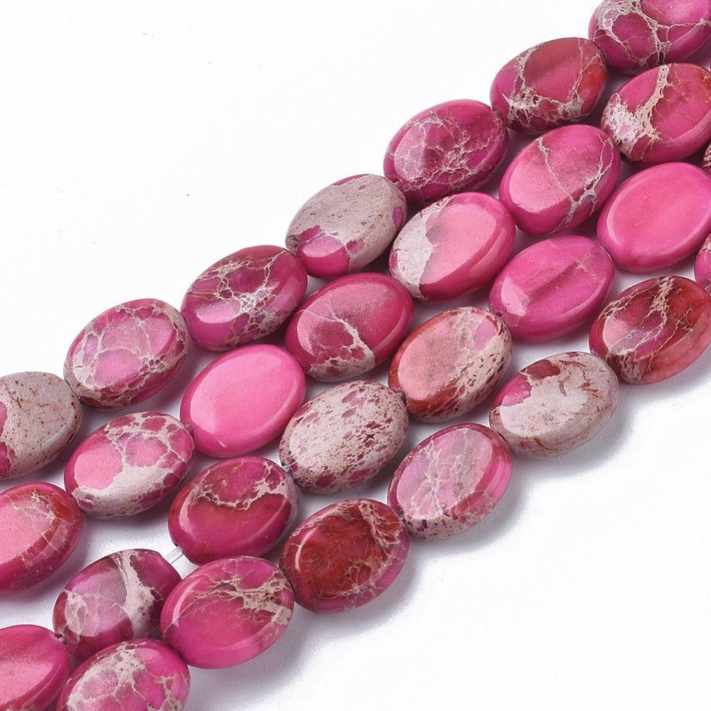 Natural Imperial Jasper Beads Strands, Dyed, Oval, Hot Pink Size: about 8mm long, 6mm wide, 3mm thick