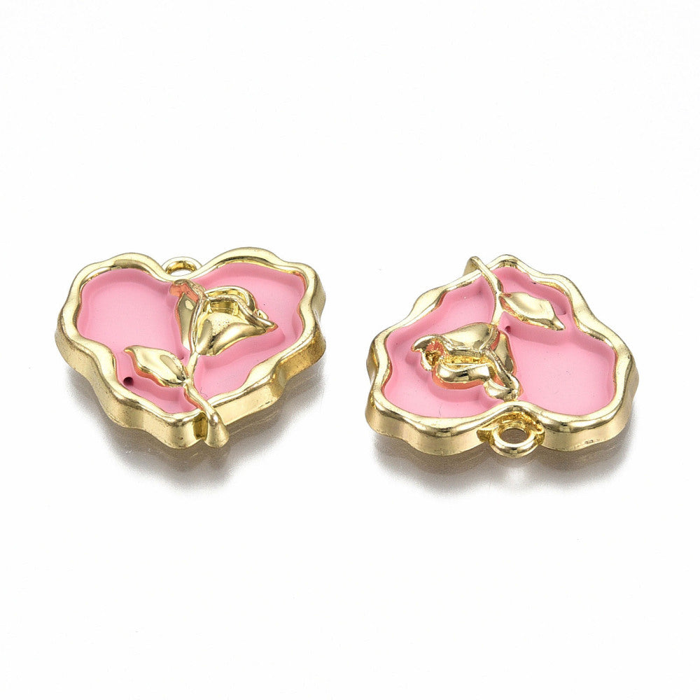 Alloy Enamel Pendants, Cadmium Free &; Lead Free, Light Gold, Heart with Rose, Mixed Color 5 Pack