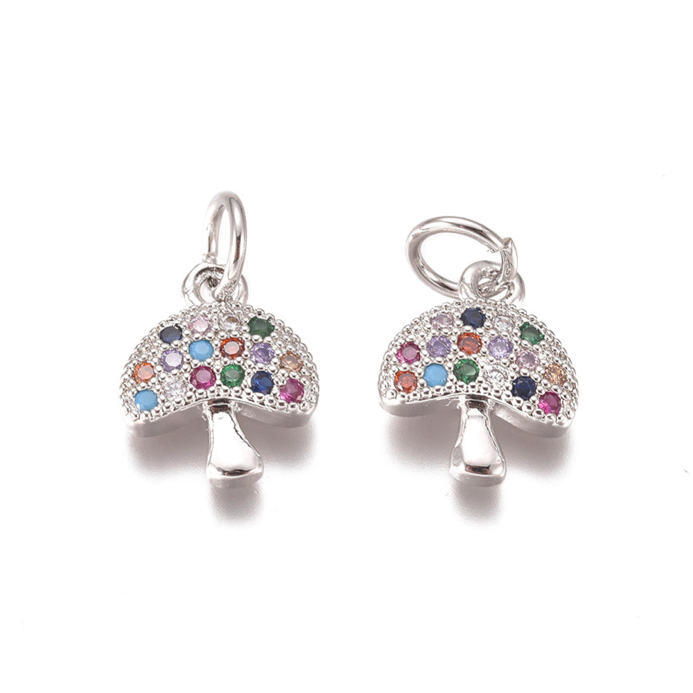 Brass Micro Pave Cubic Zirconia Mushroom Charms, with Jump Rings, Colorful, Platinum or Gold