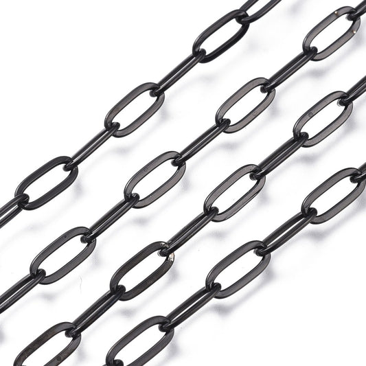 304 Stainless Steel Cable Chains, Paperclip Chains, Drawn Elongated Cable Chains, Soldered, with Spool, Electrophoresis Black SOLD BY THE METER