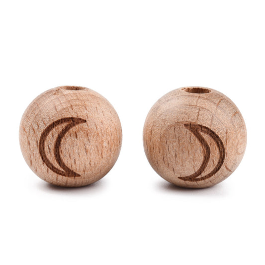 Engraved Beech Wood Beads, Round, BurlyWood, Undyed, Round, Moon Pattern