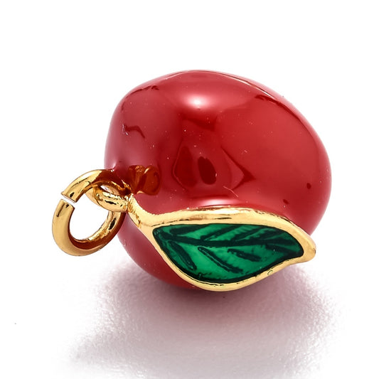 Apple Brass Enamel Charms, with Jump Ring, Long-Lasting Plated, Real 18K Gold Plated