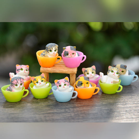 Cat Plush Doll Model, Creative Tea Cup DIY Micro Landscape Fairy Garden Supplies Mixed Color