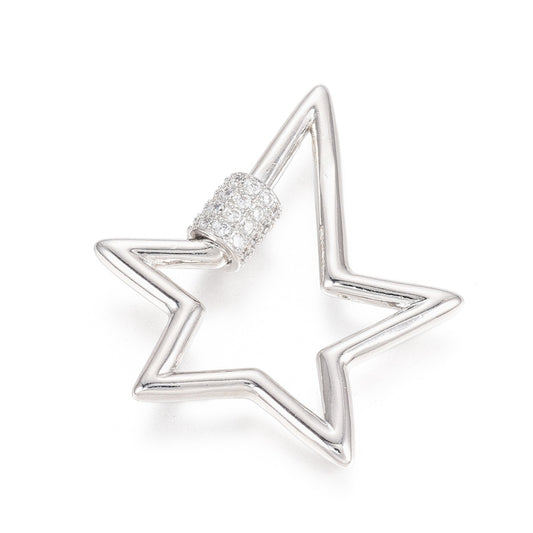 Brass Micro Pave Clear Cubic Zirconia Screw Carabiner Lock Charms, Quick Links, Star, Golden and Silver Color