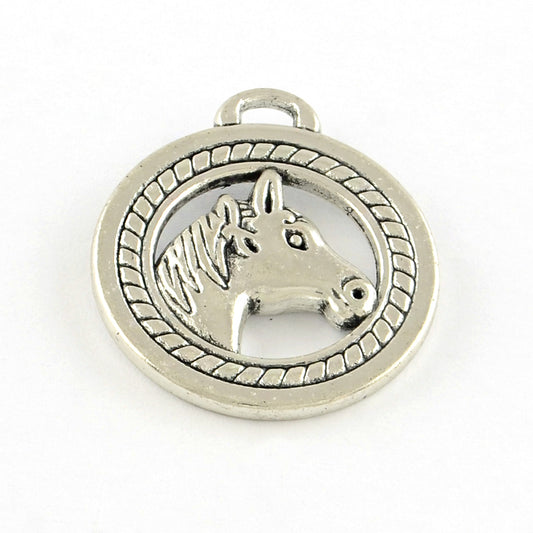Tibetan Style Alloy Pendants, Flat Round with Horse Head, Cadmium Free & Lead Free, Antique Silver 2 Pack